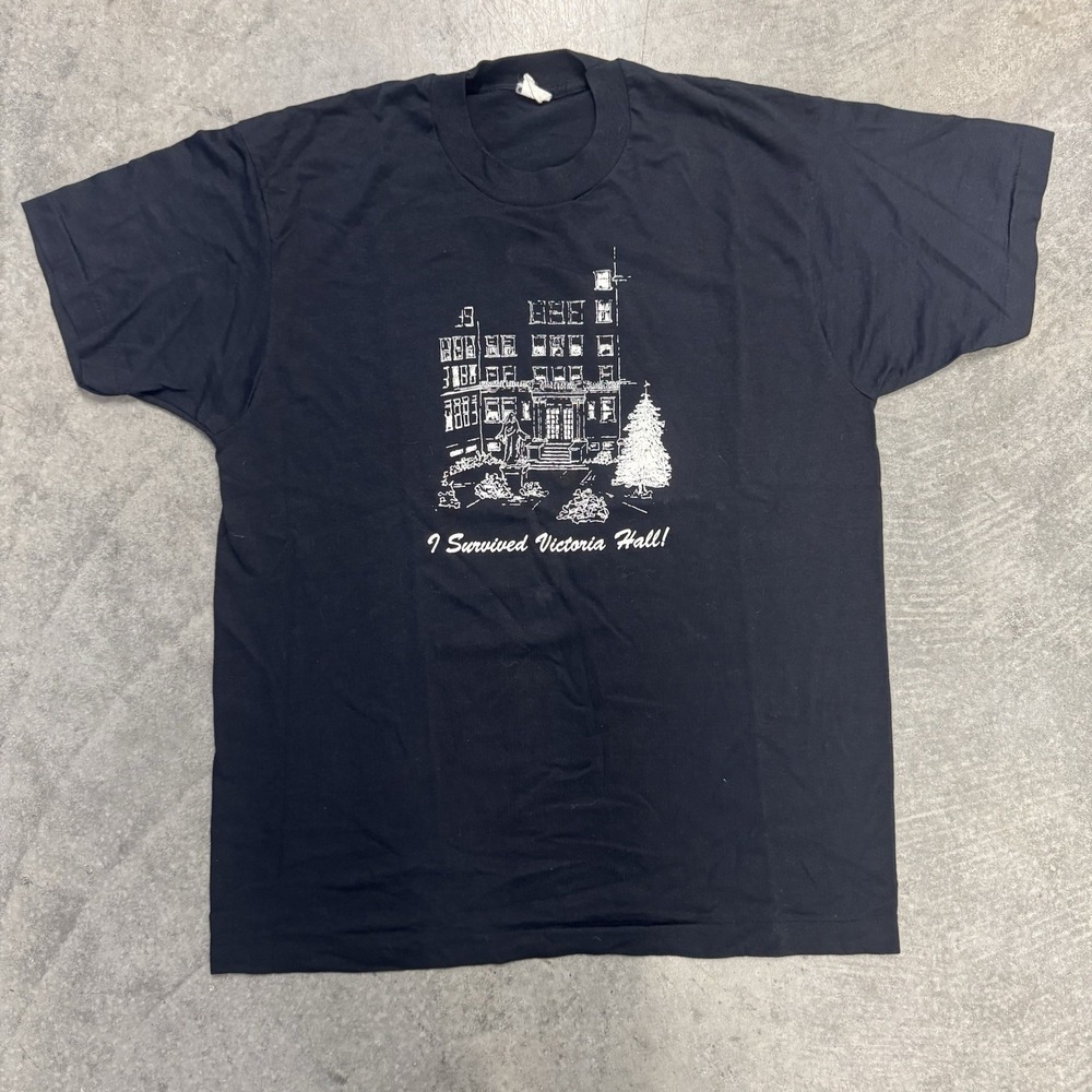 VTG 80s Victoria Hall T-Shirt I Survived Haunted House Black Short Sleeve Fall L